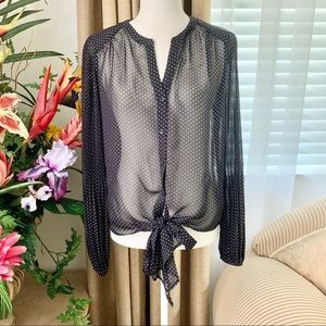 Polka Dot Button Down Tie Front Blouse